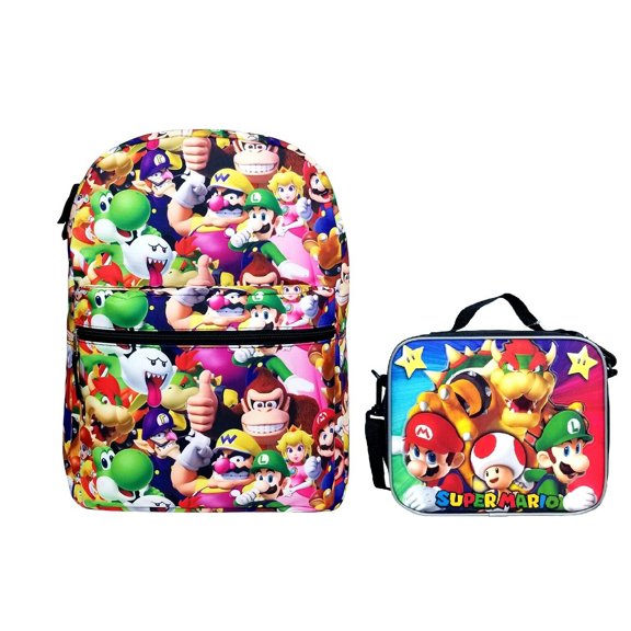 Super Mario Bros.Backpack All Over Character Print 16" School Bag Plus Lunch Bag