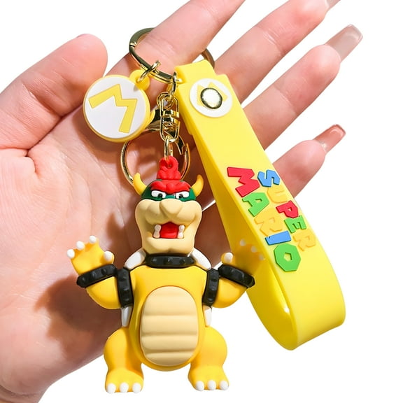 Super Mario Bros Bowser 3D Rubber Keychain with Vibrant Yellow Strap and Pendant
