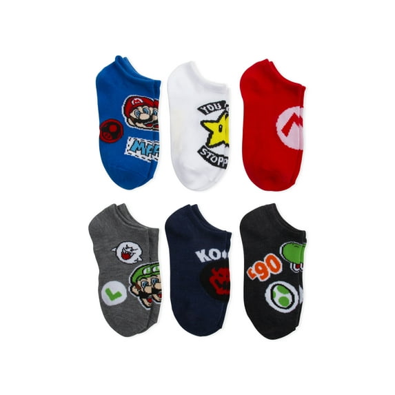Super Mario Bros. Boys S-L Socks, 6 Pack No Show