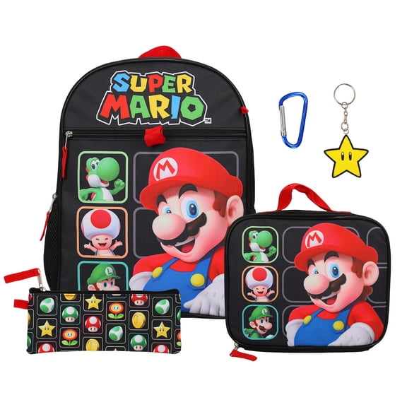 Super Mario Bros Character Grid 16 inch Youth 5-Piece Backpack Set