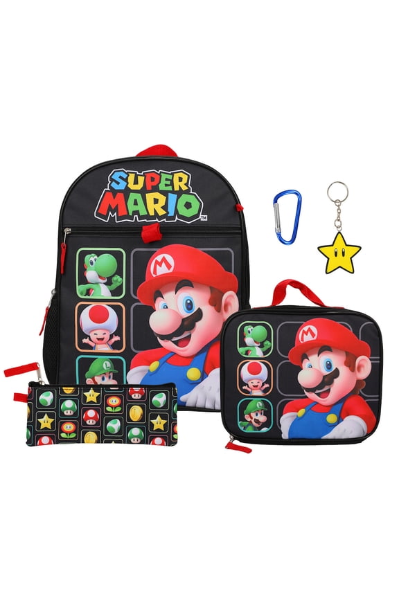 Super Mario Bros Character Grid 16 inch Youth 5-Piece Backpack Set