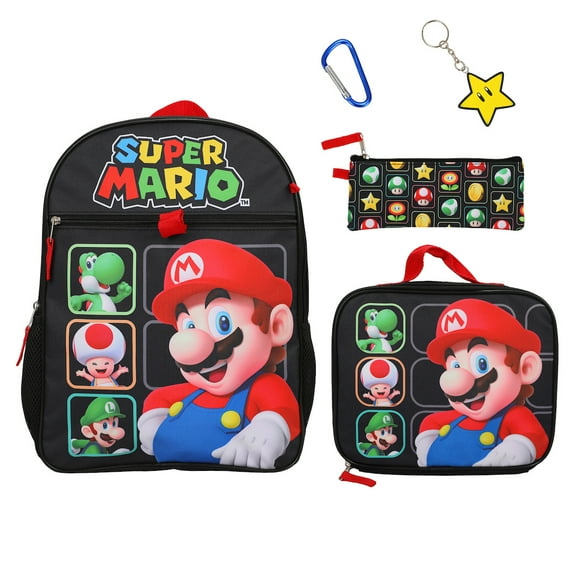 Super Mario Bros Character Grid 16 inch Youth 5-Piece Backpack Set