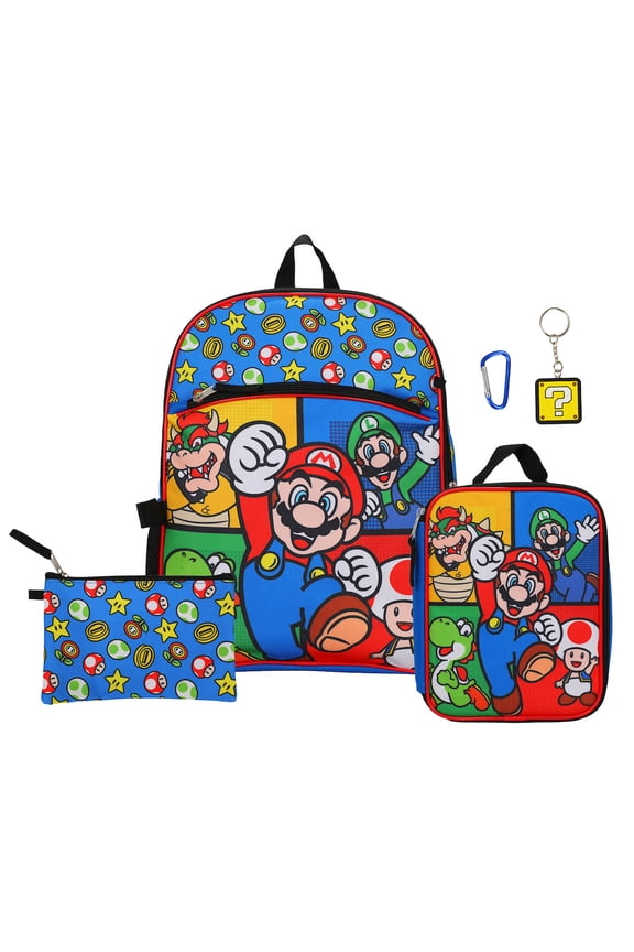Super Mario Bros Characters & Power-Ups 16 inch Youth 5-Piece Backpack Set