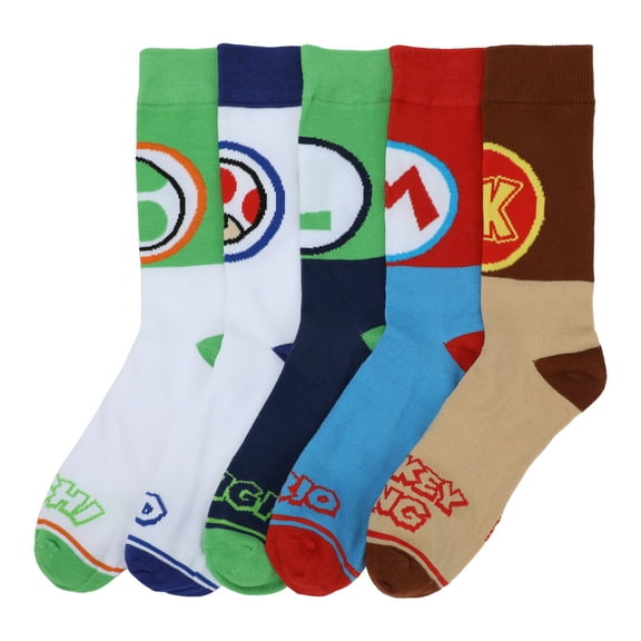 Super Mario Bros Colorblock Character Designs Adult 5-Pair Casual Crew Socks-OSFA