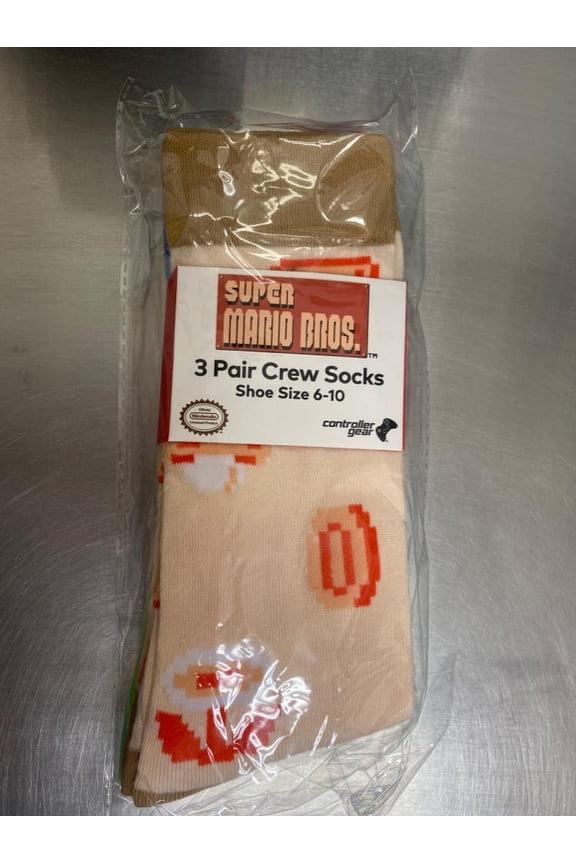 Super Mario Bros. Contoller Gear - 3 Pair Crew Socks (Size 6-10) NEW