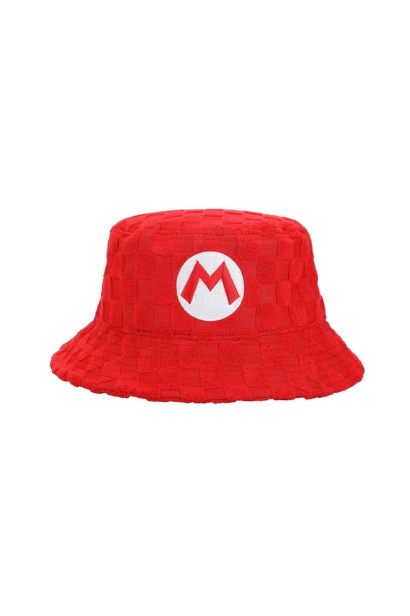 Super Mario Bros 892740 Embroidered Checkered Terry Cloth Bucket Hat