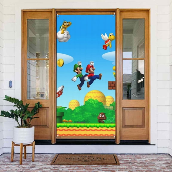 Super Mario Bros Luigi Door Cover Decorated Banner Tapestry Home Decoration Holiday Party Supplies Door Banner Porch Sign Banner 72.8 x 35.4 Inch