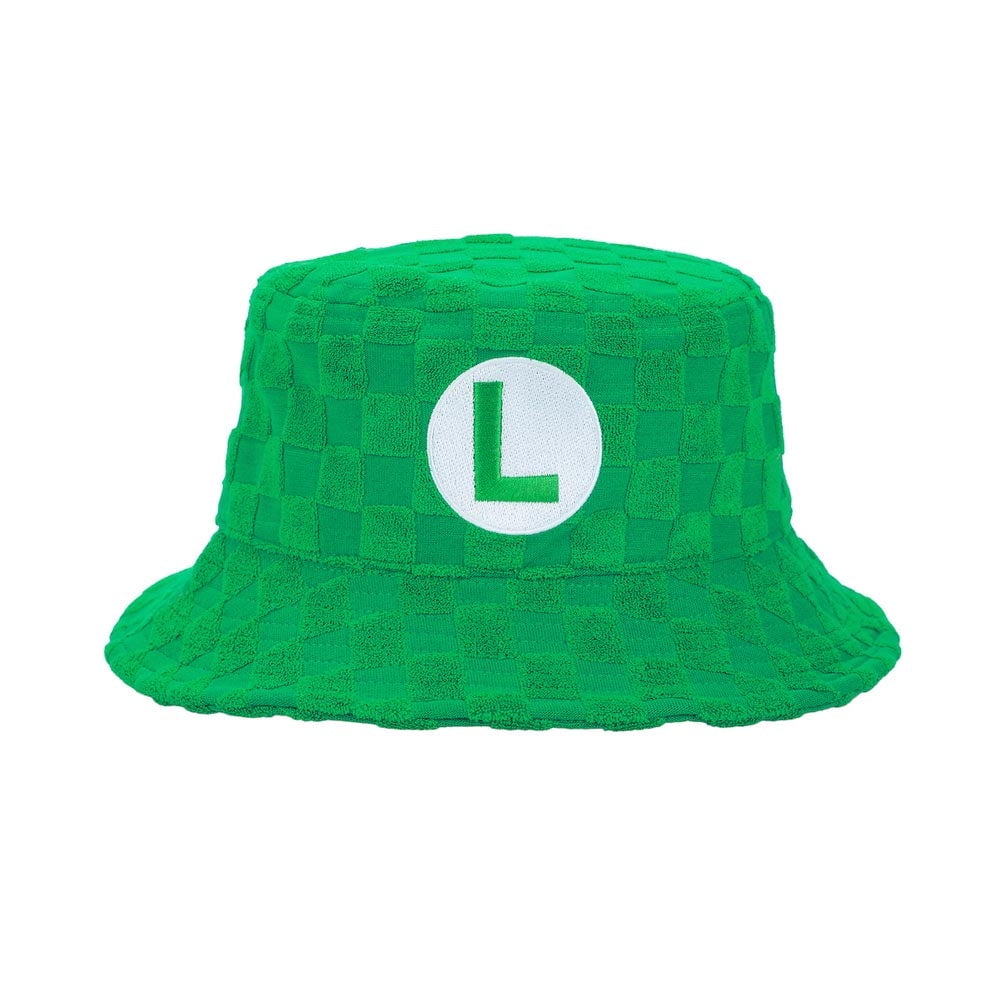 BIOWORLD Super Mario Bros 892741 Luigi Embroidered Checkered Terry Cloth Bucket Hat