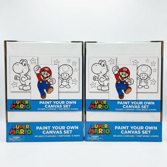 Super Mario Bros Paint Your Own Canvas Kit for Kids, 6-Pack 4x8 Pre-Outined Canvases (Mario, Toad, Yoshi) + 6-Color Paint Set & Brush, Arts and Crafts Gift