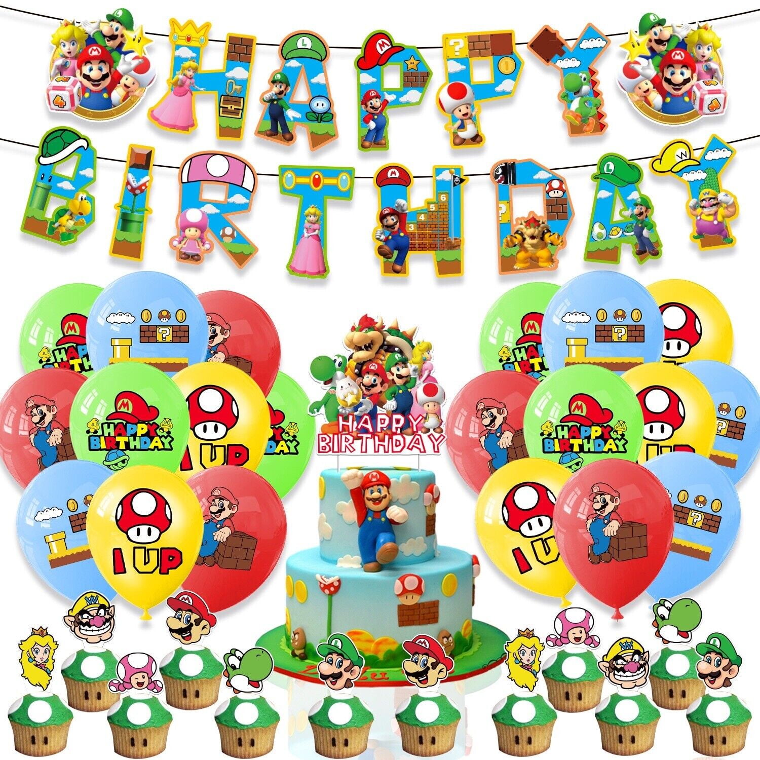 Super Mario Bros. Theme Birthday Party Supplies, Birthday Decorations Set Include Banner Balloons Cake Toppers Cupcake Topper for Boys Girls Video Game Theme Party