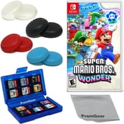 Super Mario Bros. Wonder for Nintendo Switch US Version, with PremGear Thumb Grips 8 pack - 2 Black, 2 Blue, 2 Red & 2 Clear, 24 Slot Game Card Holder & Cleaning Cloth