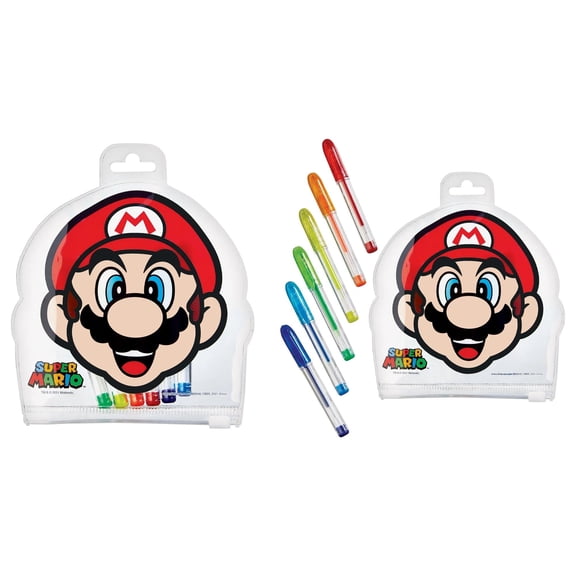 Super Mario Brothers Diecut Pouch & Mini Gel Pens Set | 5" x 5.3" (Pack of 6) - Clear Plastic Pouch - Perfect for Fun & Creative Writing, Collectible & Unique Gift Idea