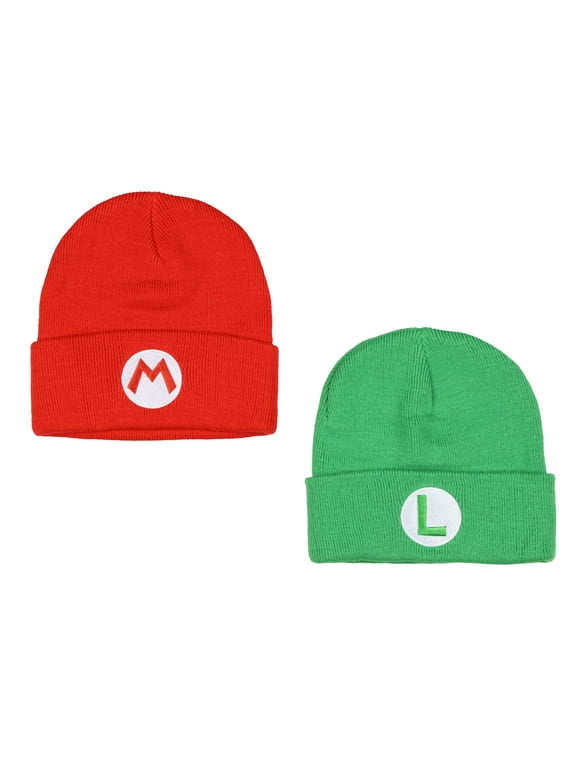 Nintendo Beanie | Super Mario Bros. Mario and Luigi Embroidered Patch 2-Pack Knit Cuffed Cold Weather Beanie Set For Men and Women