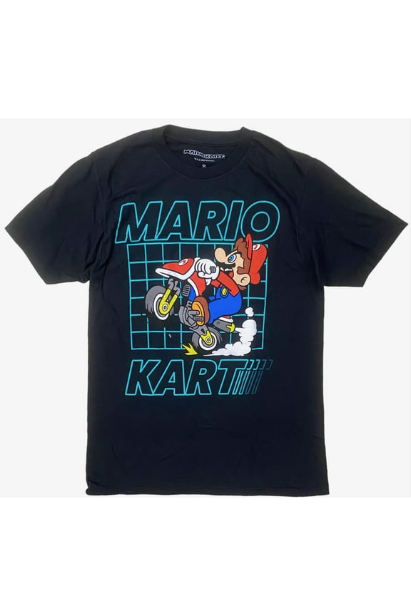 Super Mario Brothers Men's Officially Licensed Graphic Print Tee T-Shirt (Large, Black (Kart Take-Off))
