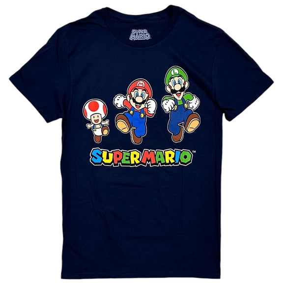 Super Mario Brothers Men's Officially Licensed Graphic Print Tee T-Shirt (Large, Navy (Run Group))