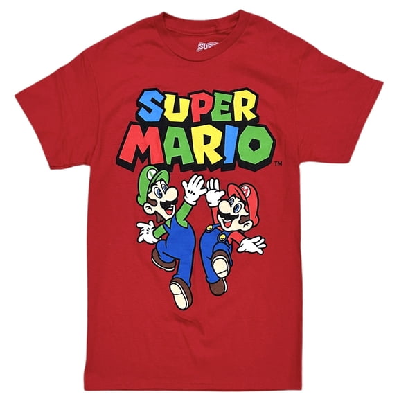 Super Mario Brothers Men's Officially Licensed Graphic Print Tee T-Shirt (Medium, Red (High Five))
