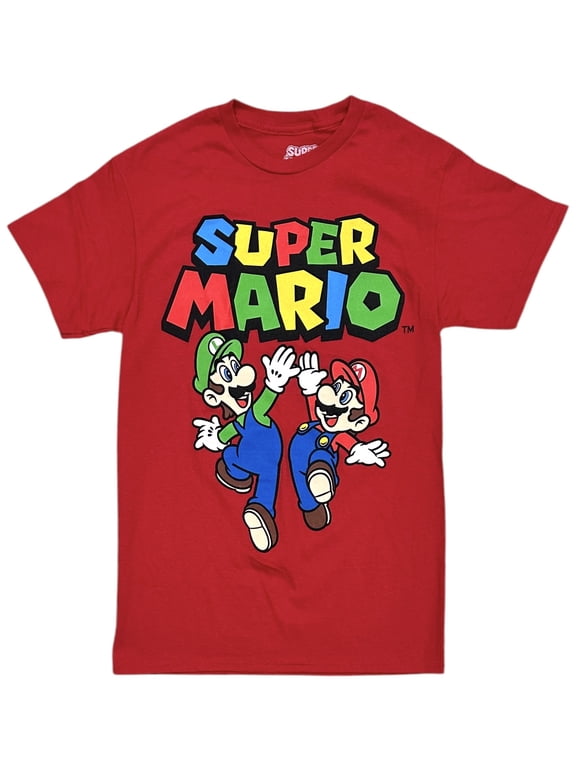 Super Mario Brothers Men's Officially Licensed Graphic Print Tee T-Shirt (Medium, Red (High Five))