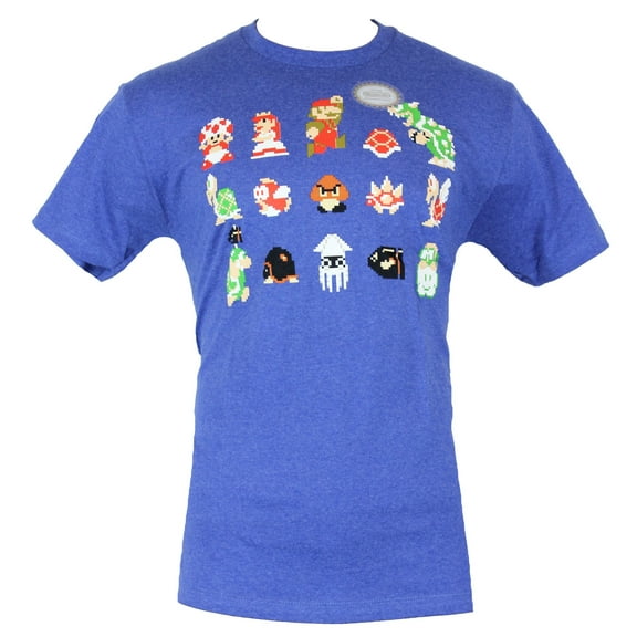 Super Mario Brothers Mens T-Shirt - 15 8-Bit Images From the Game (Small)