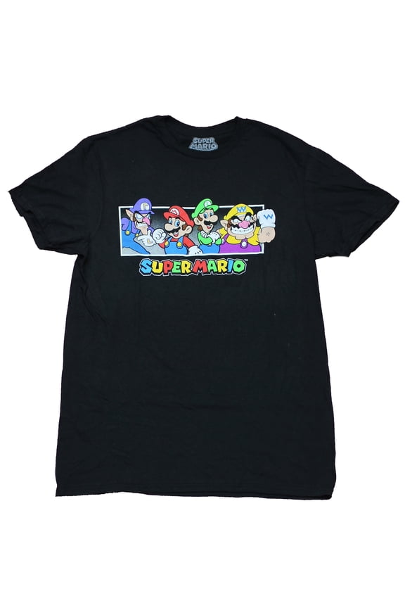 Super Mario Brothers Mens T-Shirt - Boxed Mario Luigi Waluigi Wario (Medium)