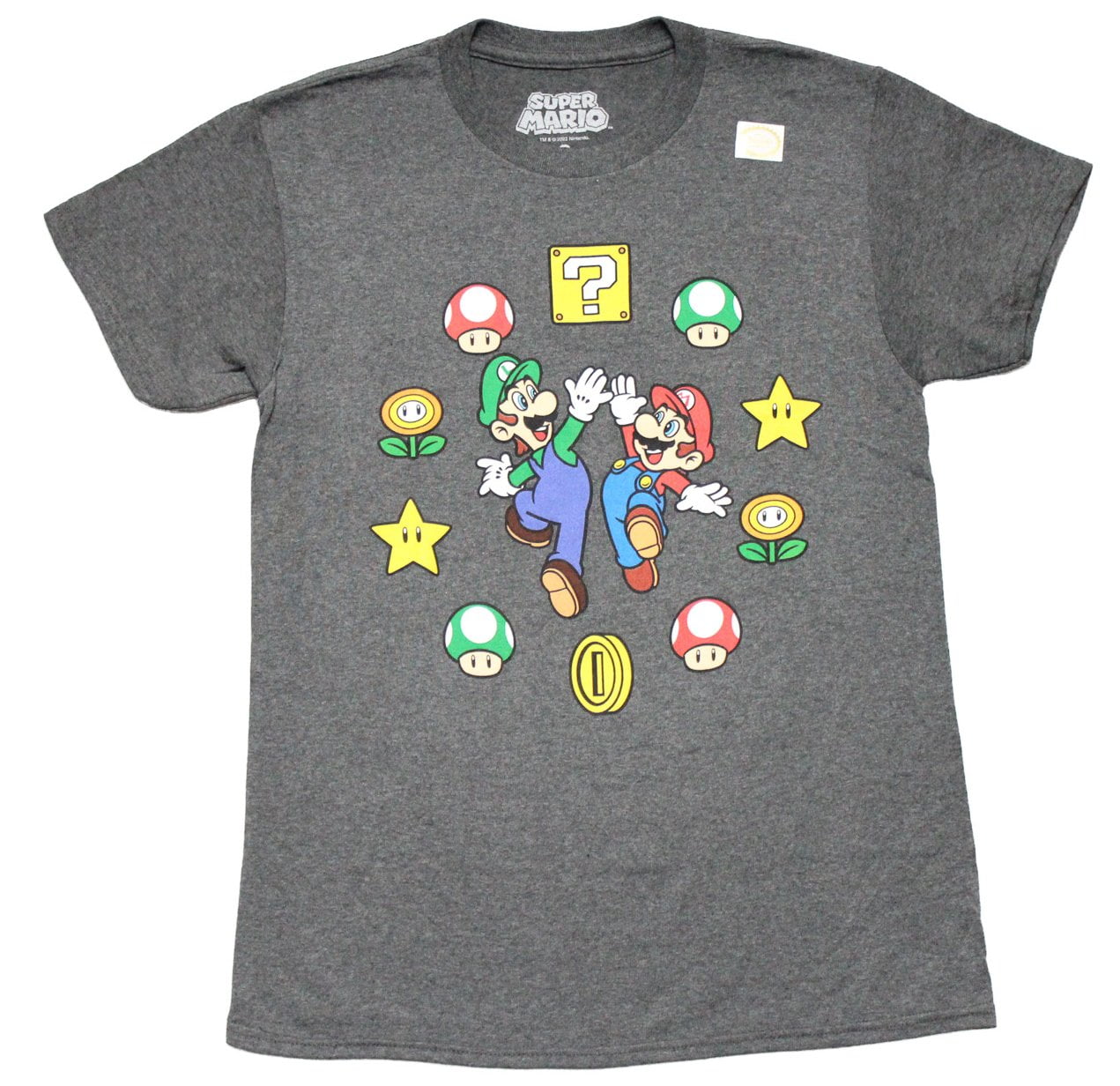 Super Mario Brothers Mens T-Shirt - High Fiving In Circle of Emblems ...