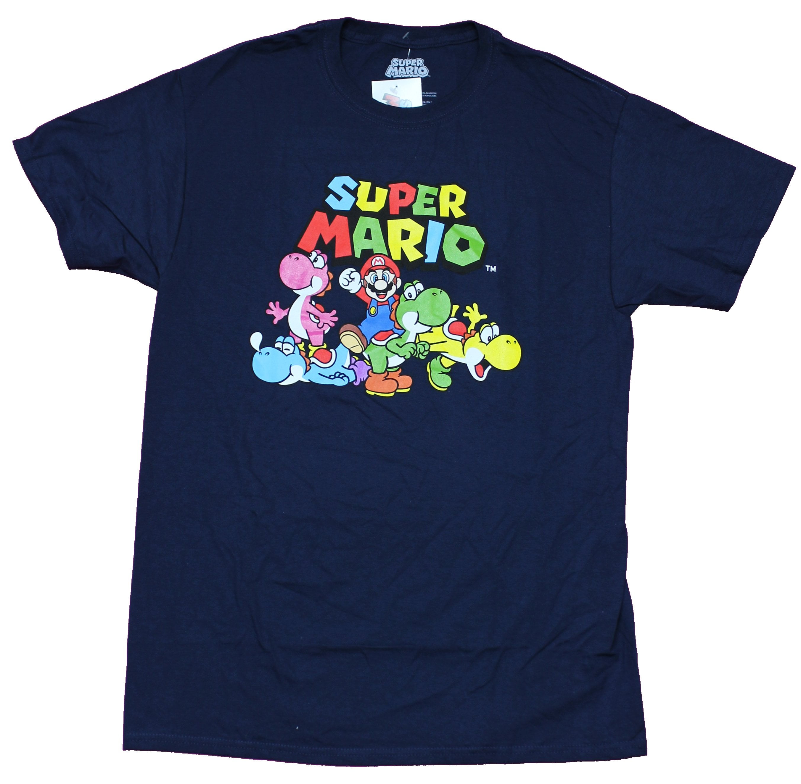 Super Mario Brothers Mens T-Shirt - Mario and A Pile of Colorful Yoshi ...