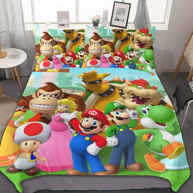 Super Mario Cartoon 3 Piece Bedding Sets Decor Comforter Sets With One