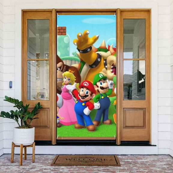 Super Mario Cartoon Door Cover Decorated Banner Tapestry Home Decoration Holiday Party Supplies Door Banner Porch Sign Banner 72.8 x 35.4 Inch