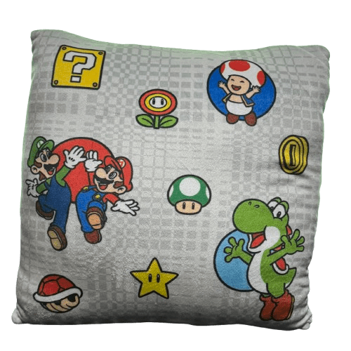 Super Mario Characters Plush Throw Pillow, Kids Decorative Cushion, Blue Back, 12in x 12in