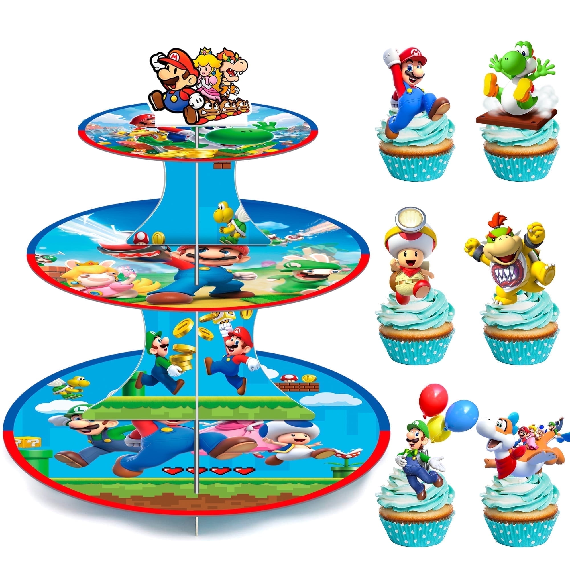 Mario Cupcake Stand, Super Bros Birthday Decorations 3-Tier Mario Bros Cupcake Stand with 12pcs Mario Cupcake Toppers for Mario Birthday Party Supplies for Boys Kids