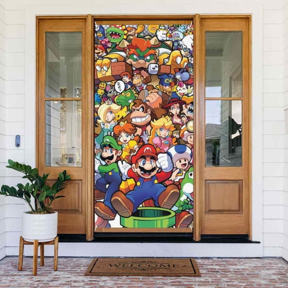 Super Mario Door Cover Decoration Front Door Cover 72.8 X 35.4 Inch Hanging Banner For Home Party Celebration Decor
