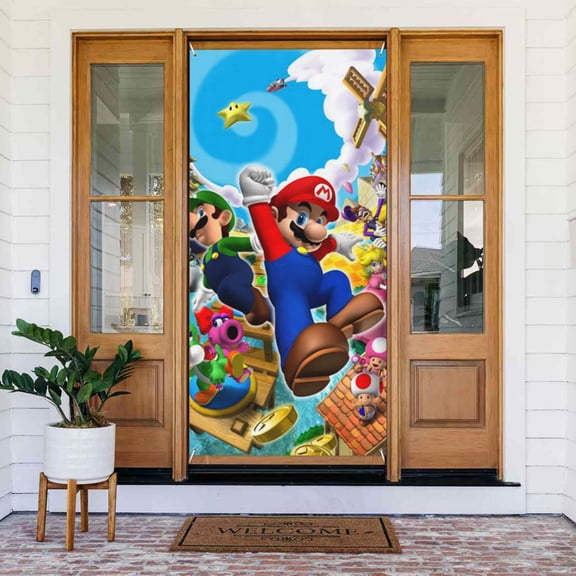 Super Mario Door Cover Decoration Front Door Cover 72.8 X 35.4 Inch Hanging Banner For Home Party Celebration Decor