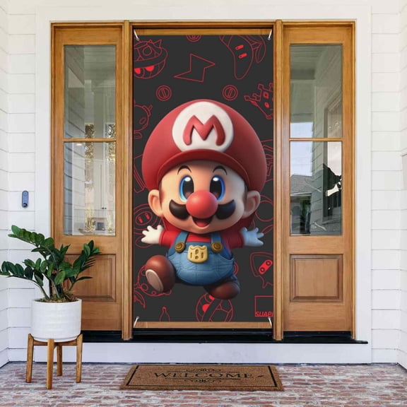 Super Mario Door Cover Decoration Front Door Cover 72.8 X 35.4 Inch Hanging Banner For Home Party Celebration Decor