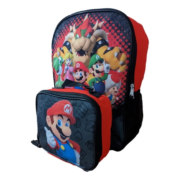 Super Mario Full Size 16 Inch Backpack with Detachable Lunch Box