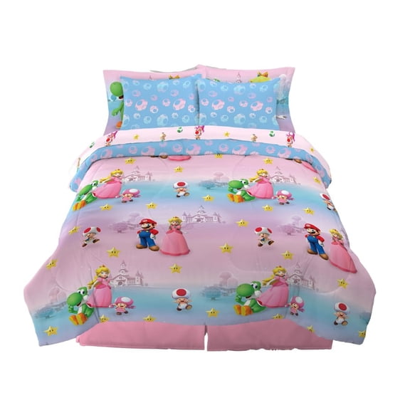 Super Mario Girl Princess Peach Girl Gamer Full Size Comforter & Sheets with Sham, 7 Piece Set