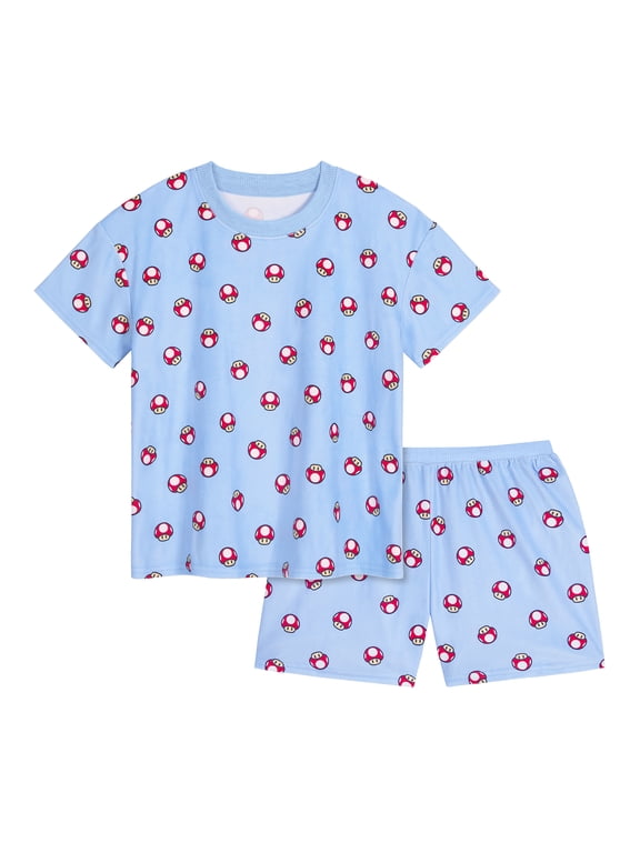 Super Mario Girls Short Sleeve Sleep Top and Shorts Pajama Set, 2-Piece, Sizes 4-12