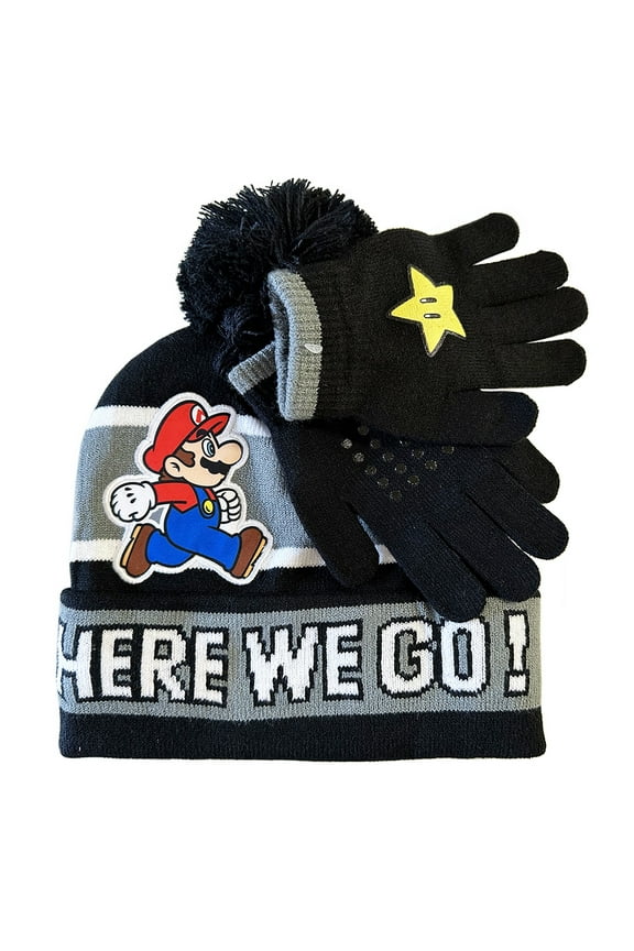Super Mario Here We Go! Black Beanie Hat, Gloves Set