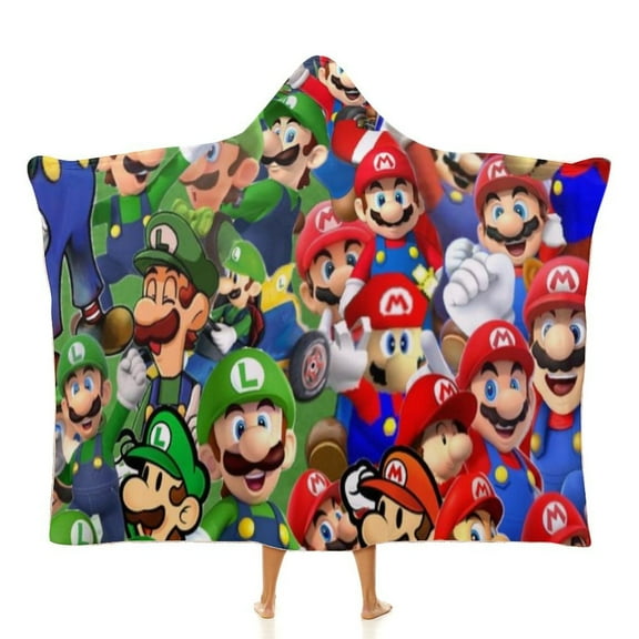 Super Mario Hooded Blanket Poncho, Wearable Hooded Blanket Cozy Soft Warm Plush Fleece Blanket for Adult Women Men