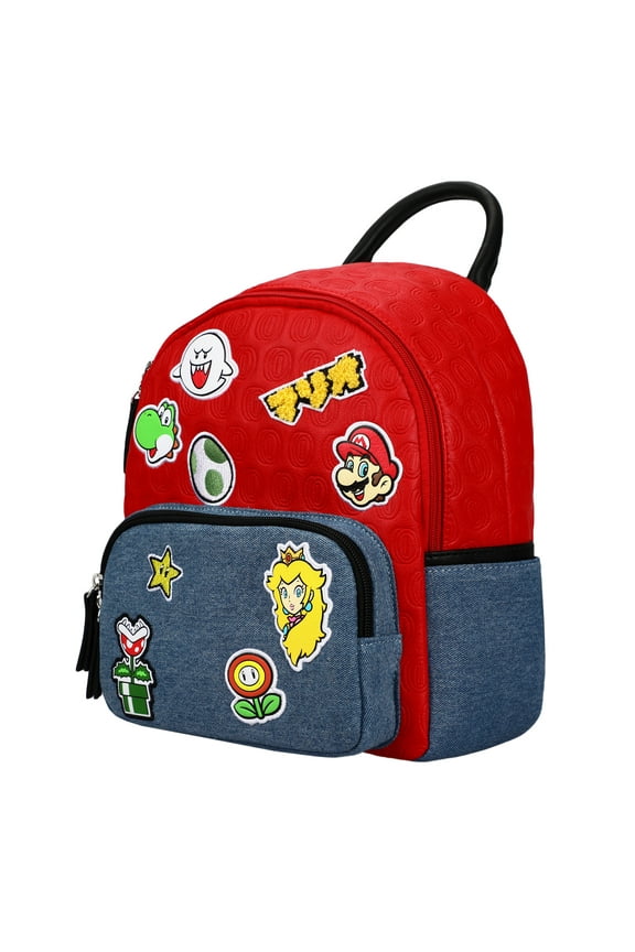 Super Mario Icon Patches red and Blue denim tone Embossed Mini Backpack