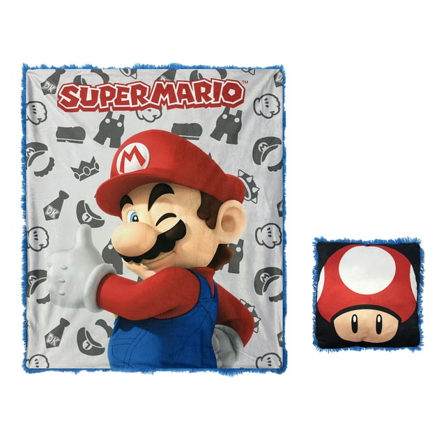 Super Mario Kids 2Pc Decor Pillow and Throw Set, Fun Faux Fur