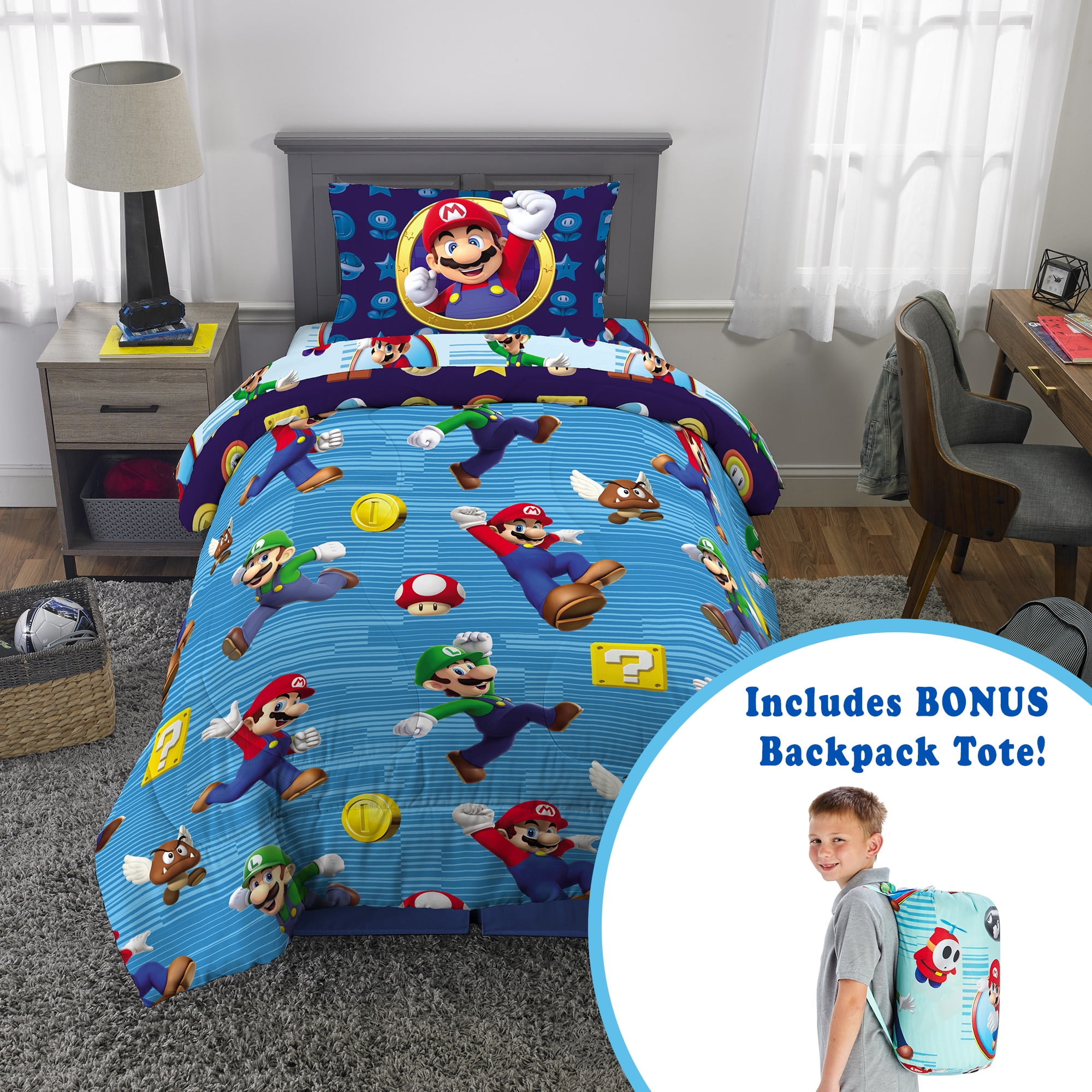 Super Mario Kids Microfiber Bed in a Bag Set with Bonus Tote Twin