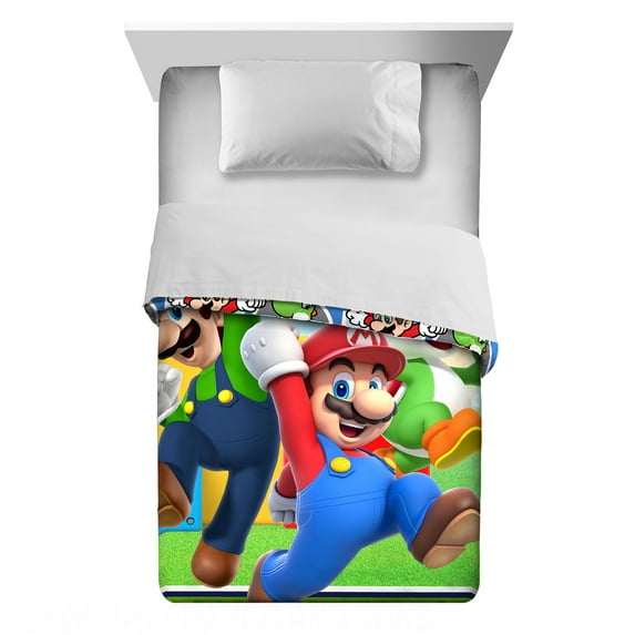 Super Mario Kids Twin Comforter, Reversible, Green and Blue, Nintendo