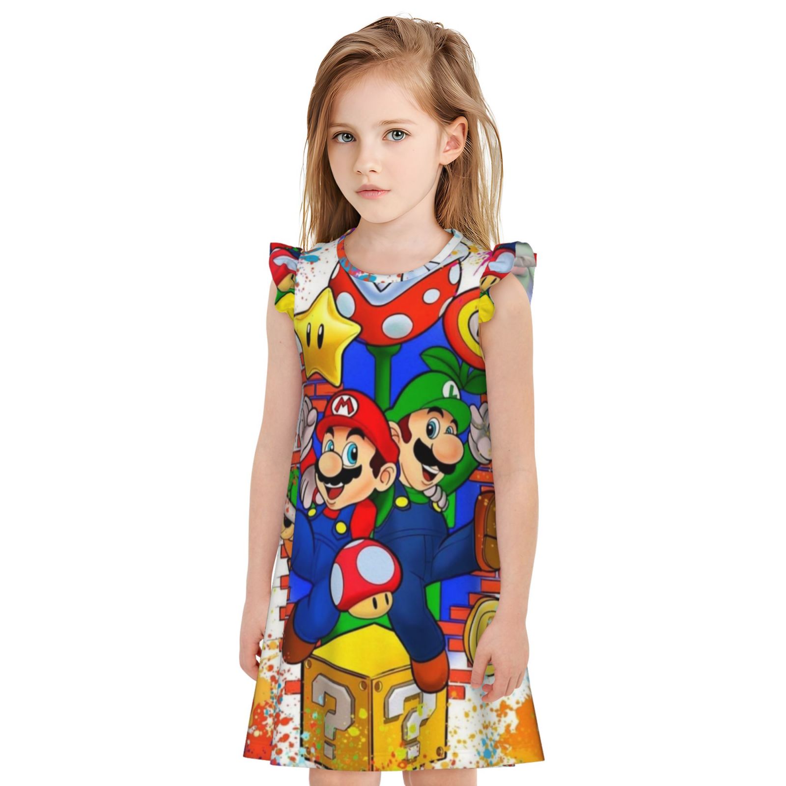 Super Mario Little Girls Nightgown Short Flutter Sleeve Pajamas Cartoon Nightdress Sleepwear Kids Nighties