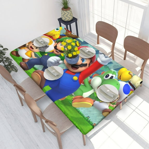 Super Mario Luigi Cartoon Elastic Edged Table Cover Reusable Fitted Rectangle Tablecloth For Dining Kitchen Party 2.5X4ft