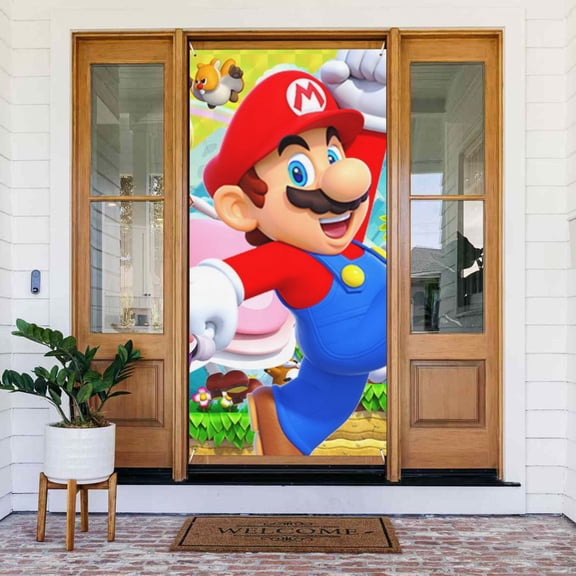 Super Mario Luigi Door Cover Decorated Banner Tapestry Home Decoration Holiday Party Supplies Door Banner Porch Sign Banner 72.8 x 35.4 Inch