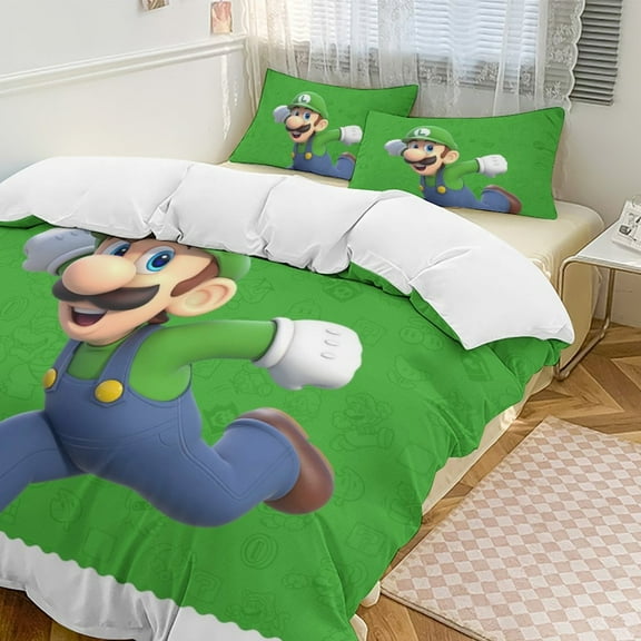 Super Mario Luigi Duvet Cover Set 3-Piece Bedding Set Soft Warm And Comfortable Soft Bed Set with 1 Duvet Cover And 2 Pillowcases for Bedroom All Season