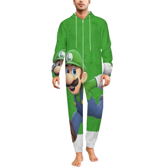 Super Mario Luigi Unisex Onesie Pajamas Zipper Jumpsuit Hooded One Piece Sleepwear for Family Mens Womens