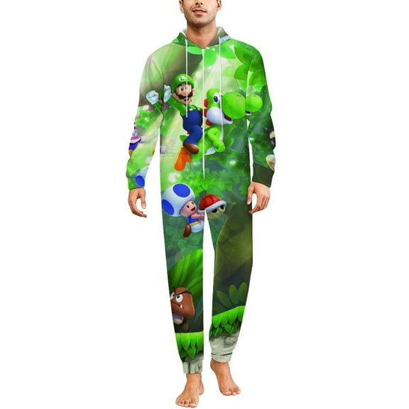 Super Mario Luigi Unisex Onesie Pajamas Zipper Jumpsuit Hooded One Piece Sleepwear for Family Mens Womens