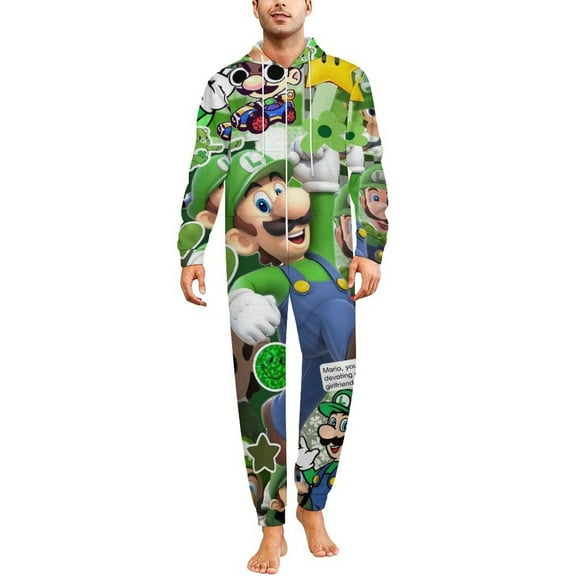 Super Mario Luigi Unisex Onesie Pajamas Zipper Jumpsuit Hooded One Piece Sleepwear for Family Mens Womens