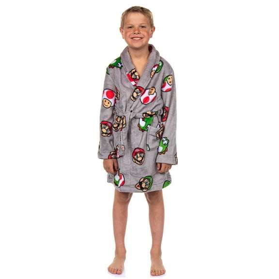 Nintendo Boys' Super Mario Yoshi and Super Mushroom Kids Plush Fleece Robe Pajama Lounge Bathrobe