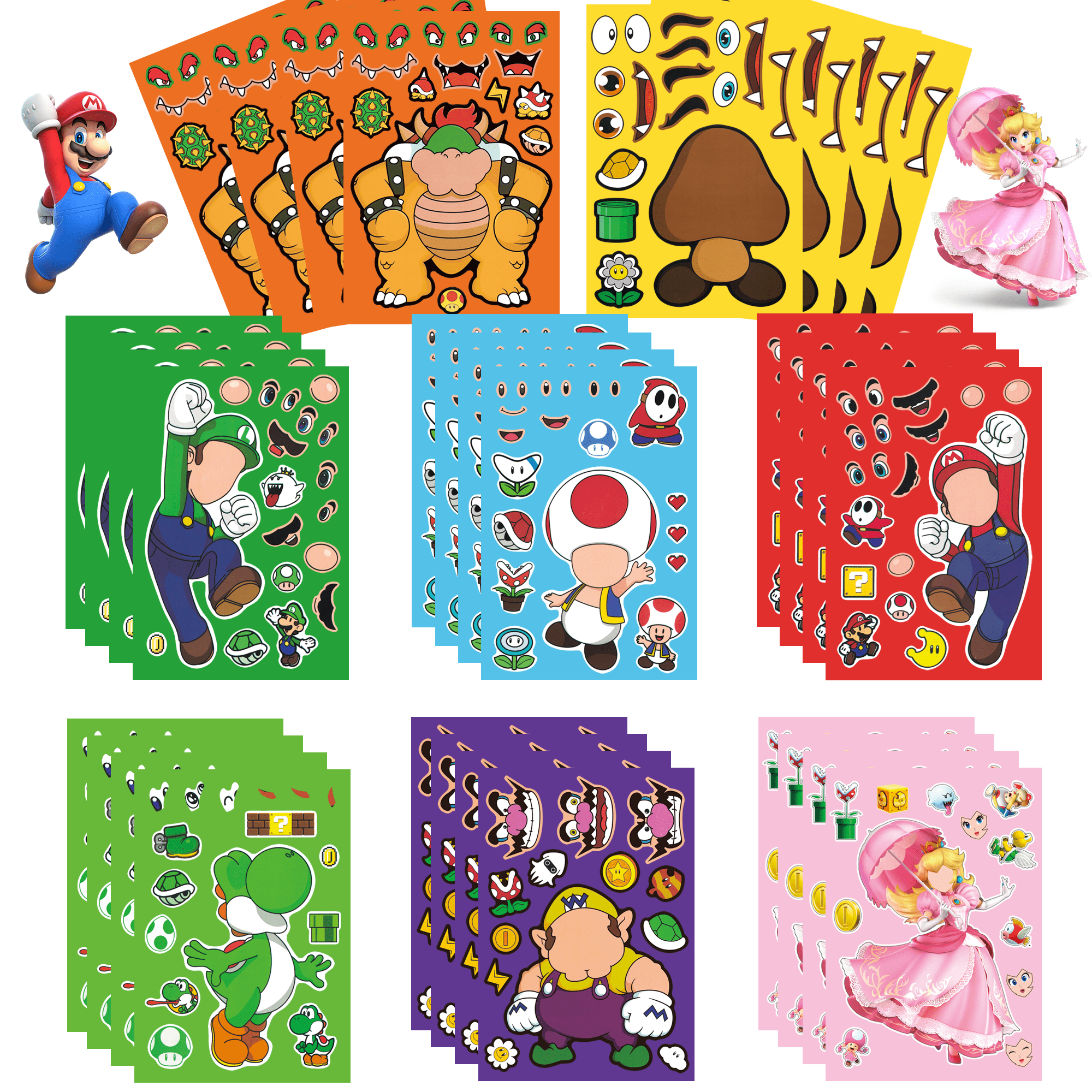 Super Mario Make a Face Stickers, 32 Pcs Mario Diy Stickers witn 8 ...
